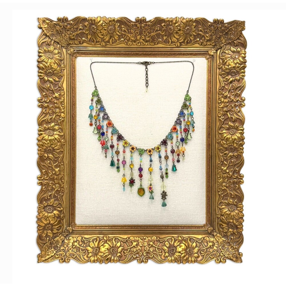 Michal Negrin Beaded Floral Necklace Colorful Crystal Dangle Bib Y2K